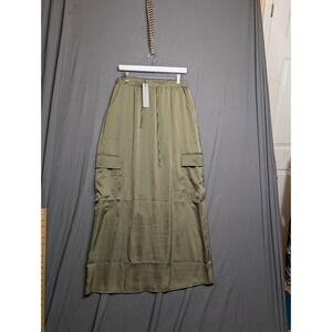 Emerson Lang Womens Maxi Cargo Skirt Olive Green Pockets Stretchy Large